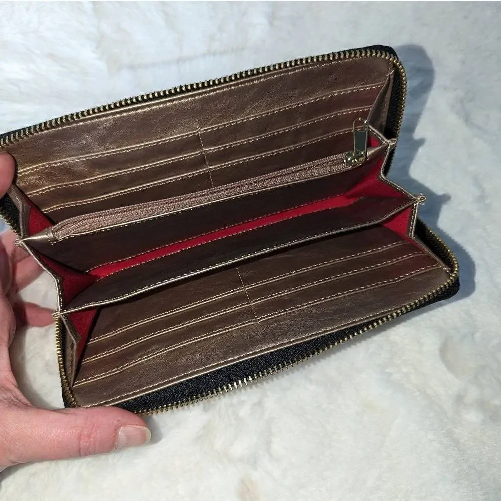 Anne Klein Zip Around Wallet Gold and Black Zip Coin Pocket and Card Bill Slots